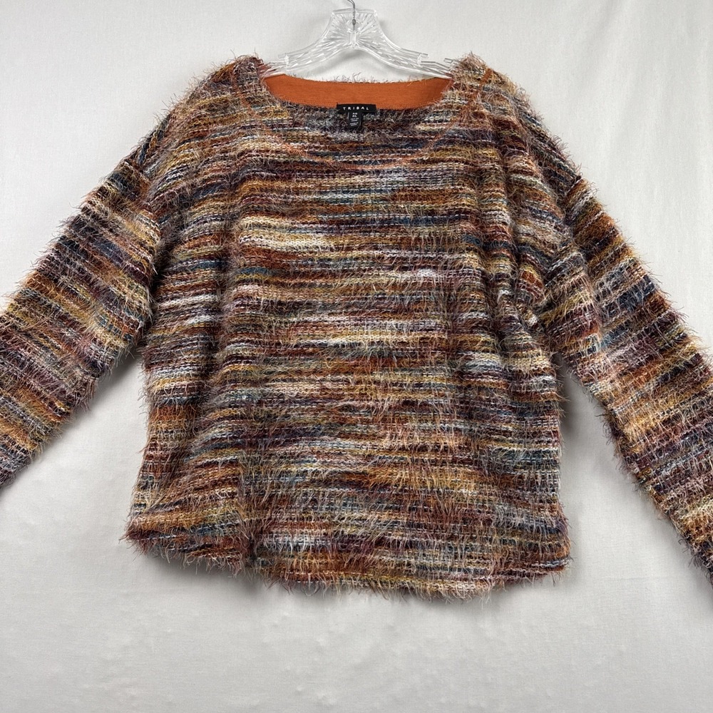 TRIBAL Eyelash Sweater Petite L Fringe Multicolored Boho Pullover 90s Festival